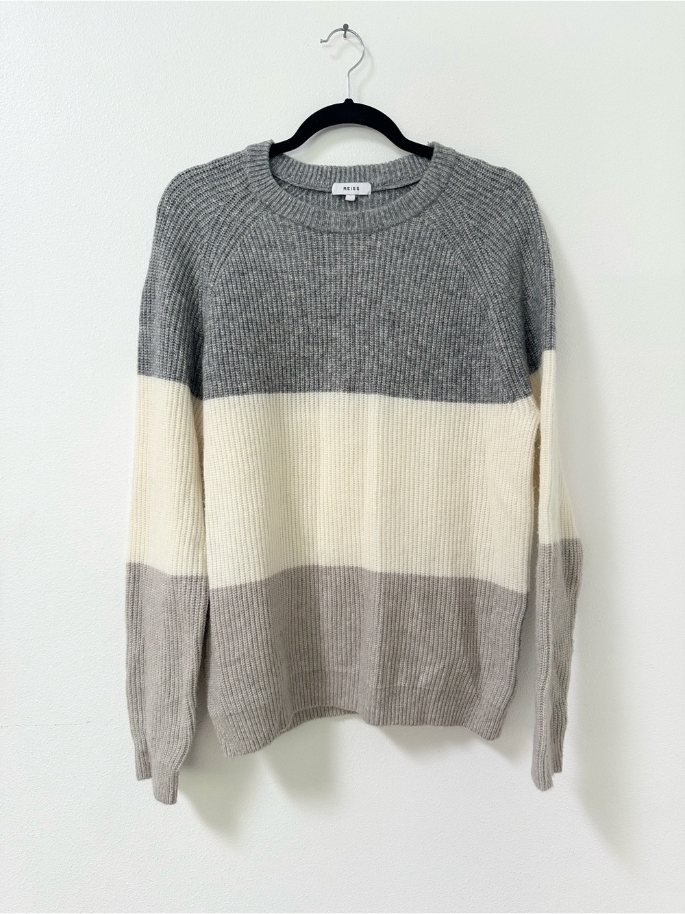 Reiss Women’s Ribbed Knit Sweater L Gray Cream Wool Alpaca Blend Colorblock Fall
